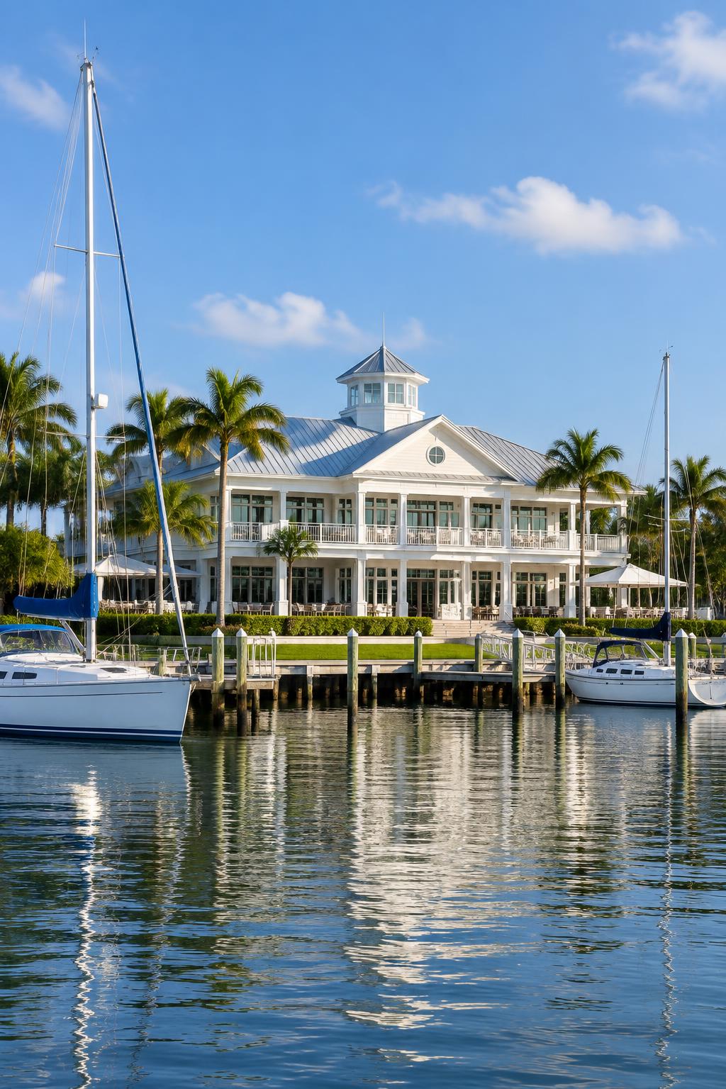 Waterfront yacht club and sailboats