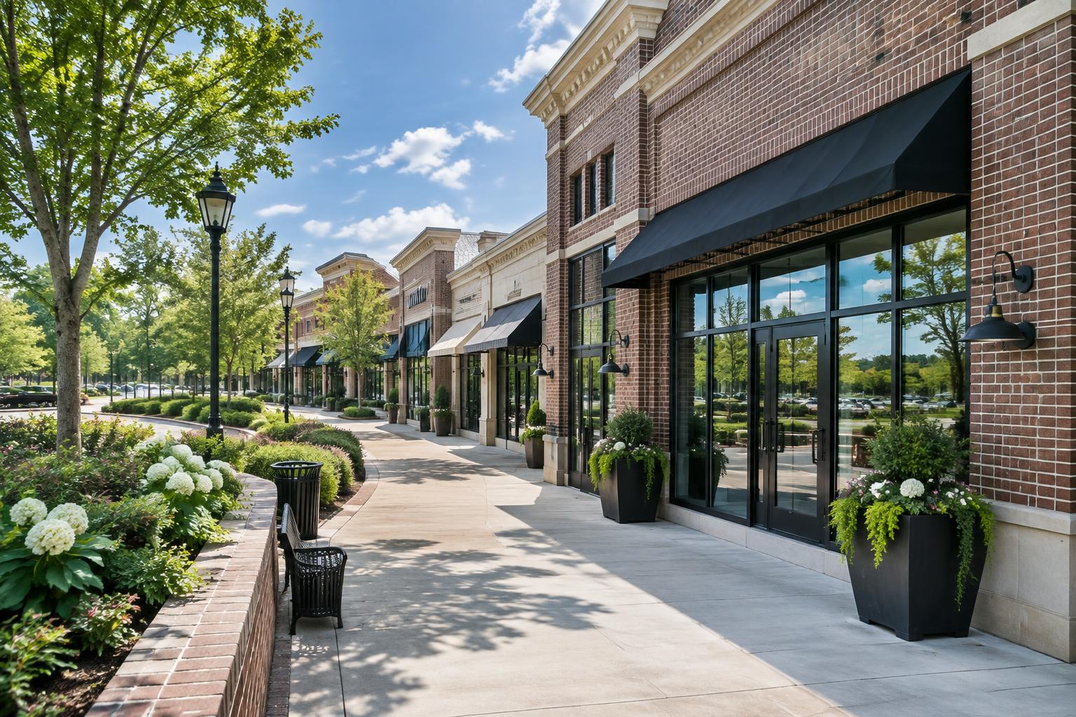 Landscaped brick retail storefronts